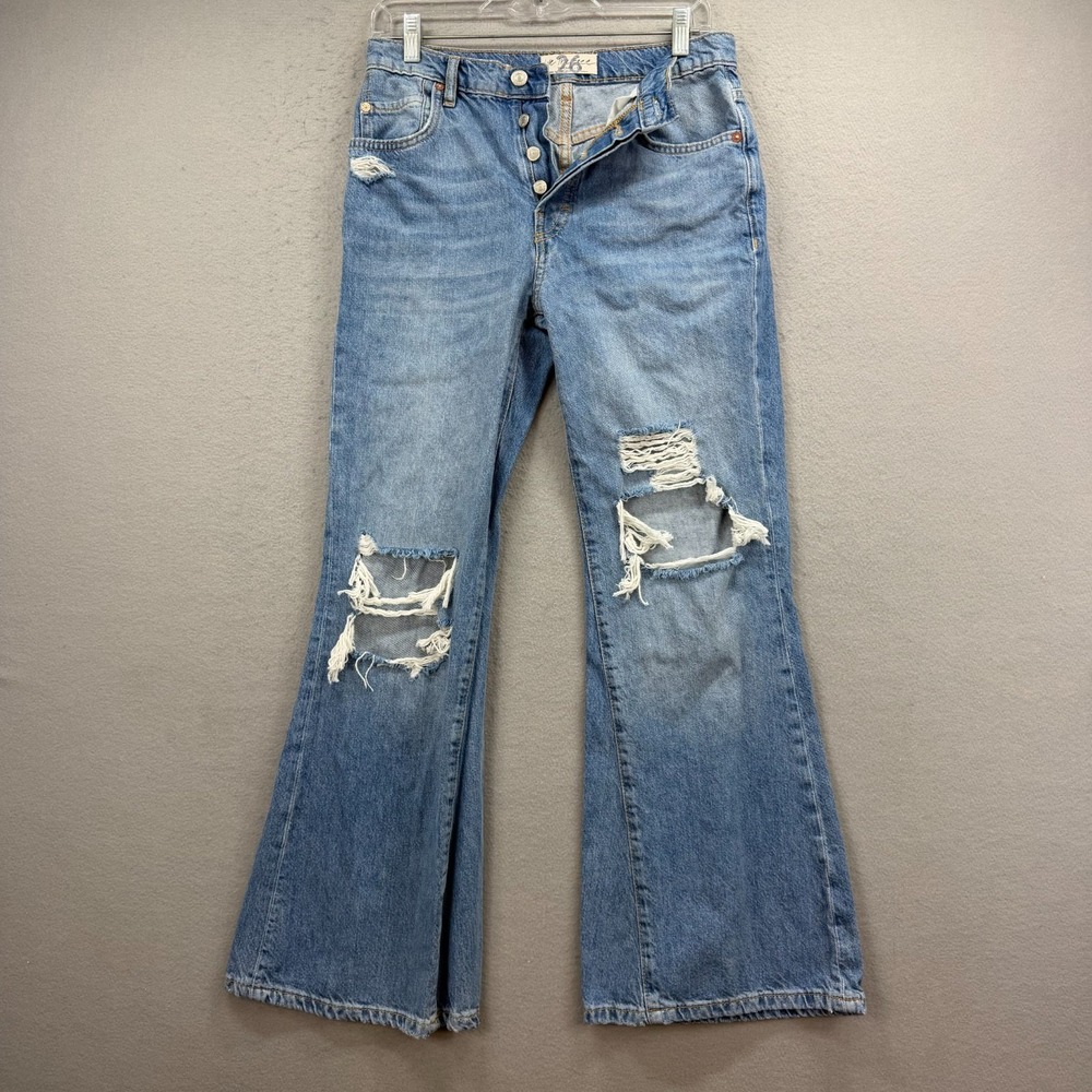 We The Free Flare Jeans Women 27* Blue Denim Button Fly Distressed Grunge